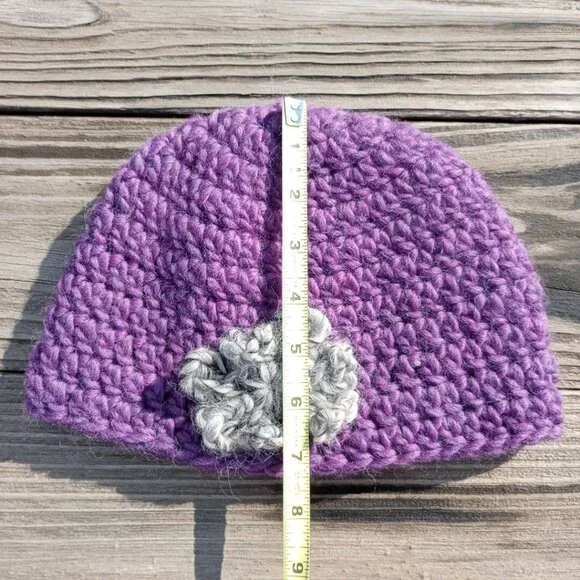 Womens Beanie Cloche Handmade Purple Crochet Hat Gray Brown Flower Pure New Wool - Picture 5 of 11